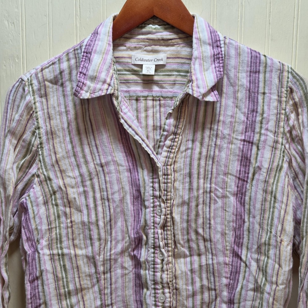 Coldwater Creek Button Up Shirt Womens Petite PL Purple Stripe Long Sleeve Top